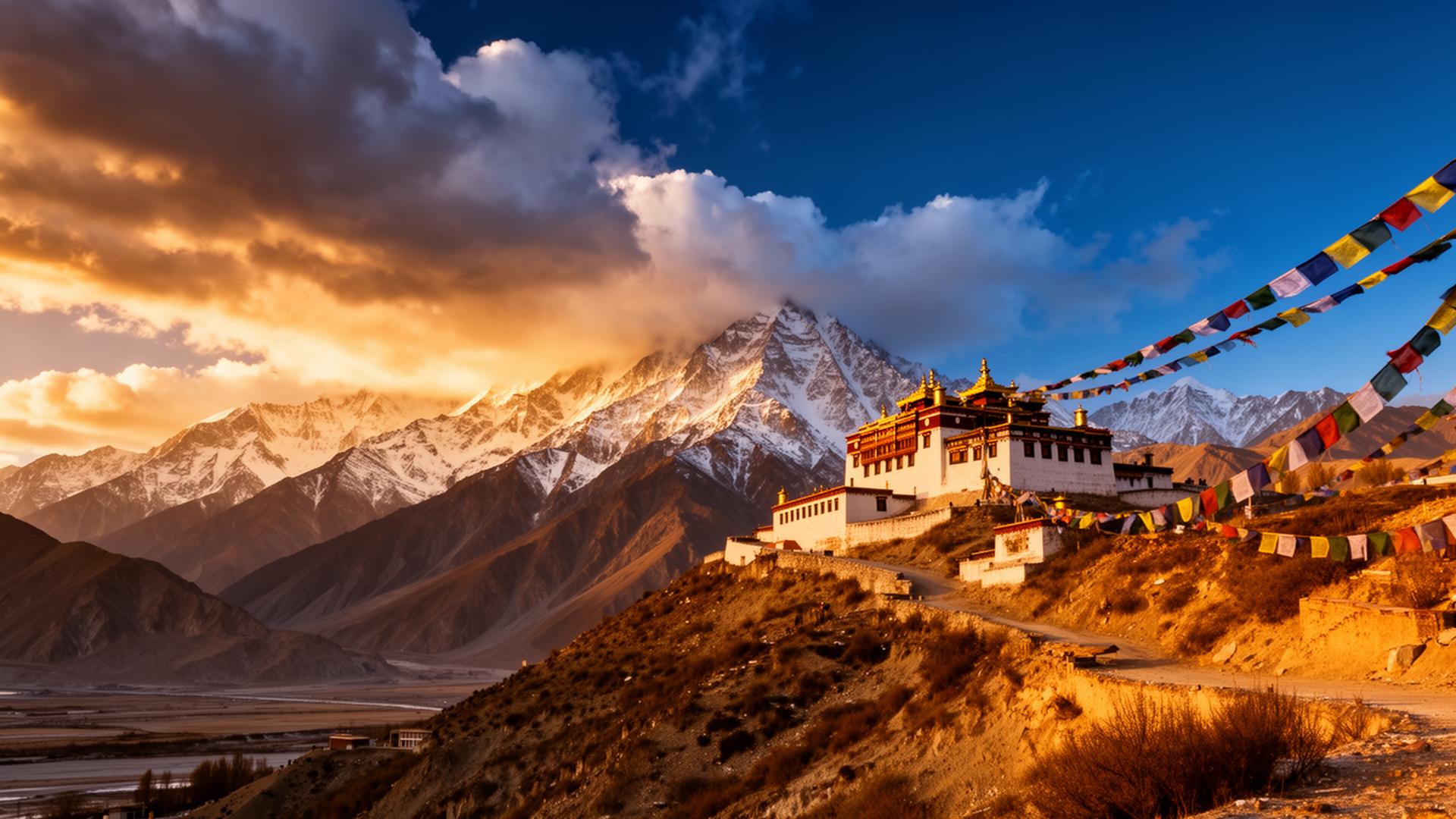 Himalayan landscape of Ladakh with monastery and prayer flags